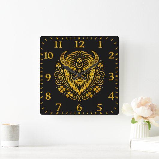 Gold-Bison mit Blumendesign Quadratische Wanduhr (Zuhause)