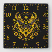 Gold-Bison mit Blumendesign Quadratische Wanduhr (Vorderseite)