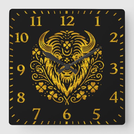 Gold-Bison mit Blumendesign Quadratische Wanduhr (Vorderseite)