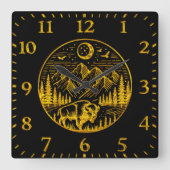 Gold Bison Roaming unter einem Mondlicht Quadratische Wanduhr (Vorderseite)