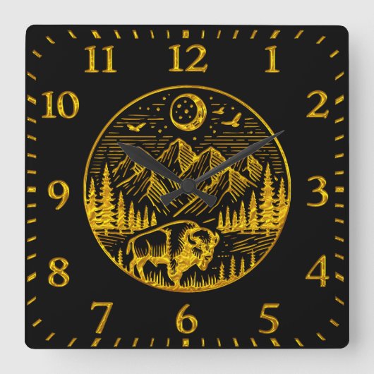Gold Bison Roaming unter einem Mondlicht Quadratische Wanduhr (Vorderseite)
