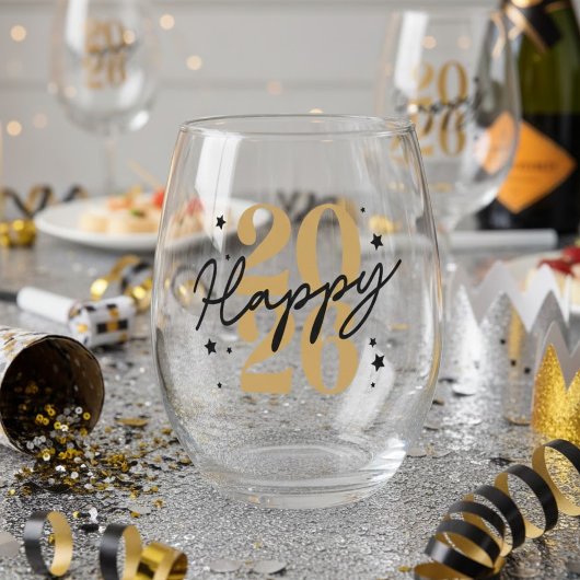 Gold Black 2026 Happy New Year Weinglas Ohne Stiel