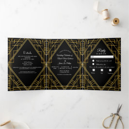 Gold Black 20's Deko Elegant Trifold Wedding Dreifach Gefaltete Einladung