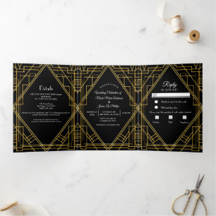 Gold Black 20's Deko Elegant Trifold Wedding Dreifach Gefaltete Einladung