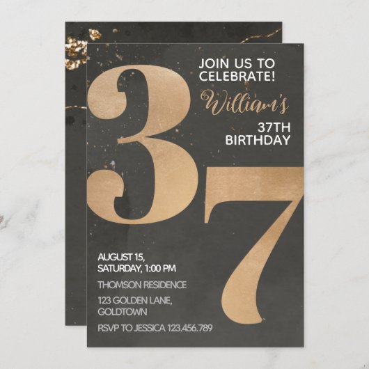 Gold Black 37. Geburtstag Einladung (Vorne/Hinten)