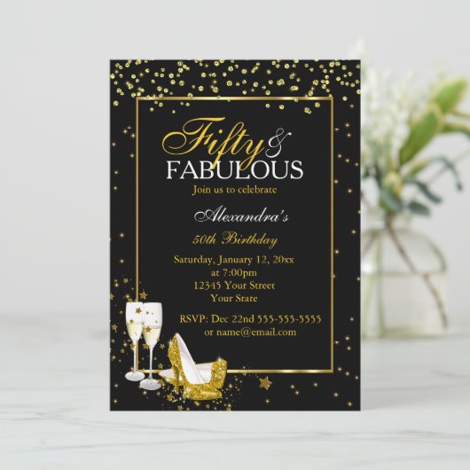 Gold Black 50 Fantastisches Birthday Champagner Pa Einladung (Stehend Vorderseite)