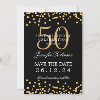 Gold Black 50. Geburtstag Save the Date Confetti Einladung