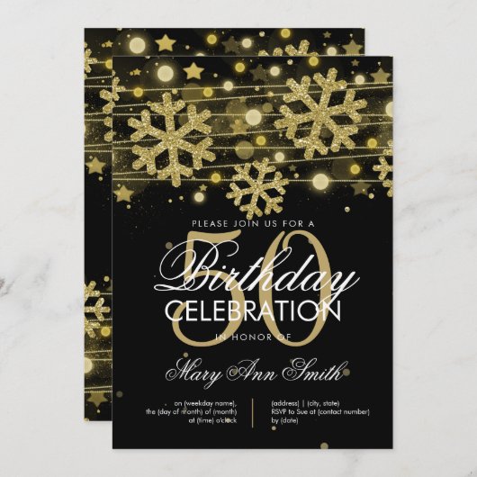 Gold Black 50. Geburtstag Winter Glitzer Glam Einladung (Vorne/Hinten)