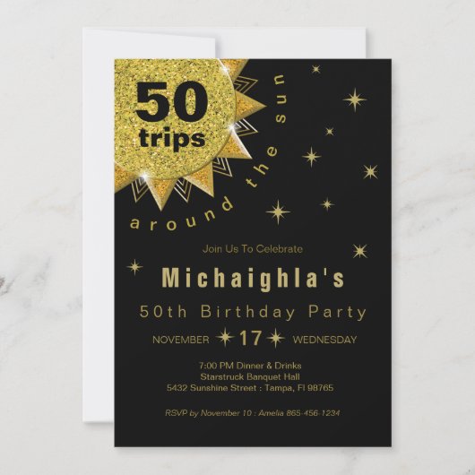 Gold Black 50. Geburtstagsparty Einladung (Vorderseite)