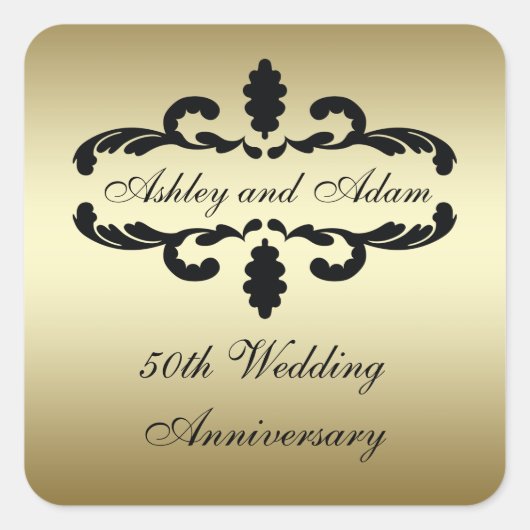 Gold Black 50th Wedding Anniversary Label Quadratischer Aufkleber (Vorderseite)