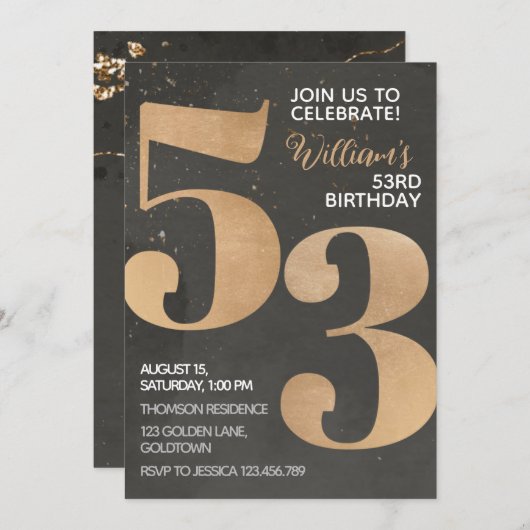 Gold Black 53. Geburtstag Einladung (Vorne/Hinten)