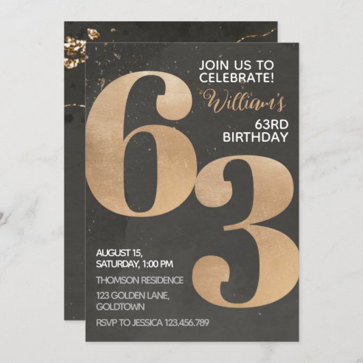 Gold Black 63. Geburtstag Einladung (Vorne/Hinten)