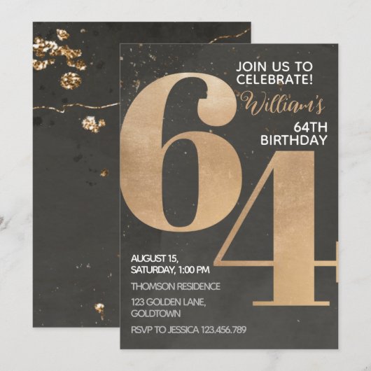 Gold Black 64. Geburtstag Einladung (Vorne/Hinten)