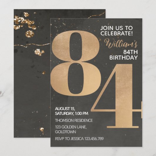 Gold Black 84. Geburtstag Einladung (Vorne/Hinten)
