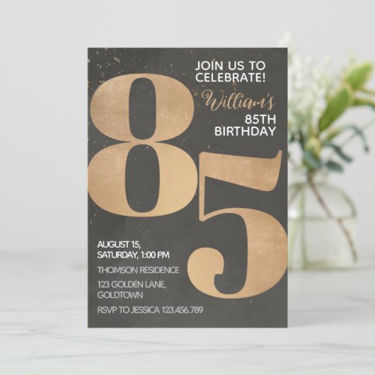 Gold Black 85. Geburtstag Einladung (Stehend Vorderseite)