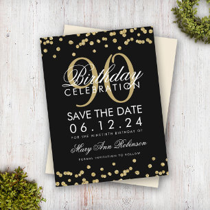 Gold Black 90. Geburtstag Rett Datum Confetti Invi Postkarte