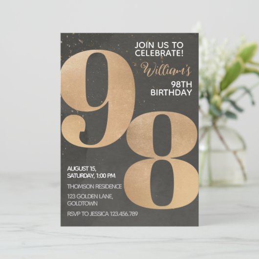 Gold Black 98. Geburtstag Einladung (Stehend Vorderseite)