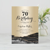Gold Black Agate Marble 70. Geburtstag Einladung (Stehend Vorderseite)