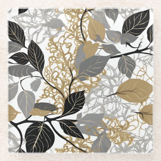 Gold, Black and Grey Leaf Vine Design Glasuntersetzer (Vorderseite)