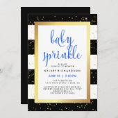 Gold Black and White Stripes Baby Sprinkle | Blau Einladung (Vorne/Hinten)