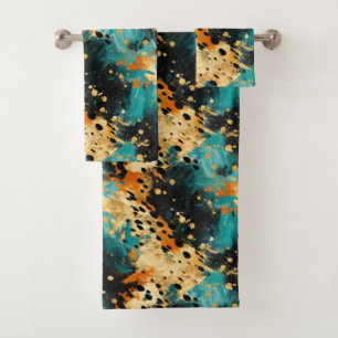 Gold Black Aqua Orange Leopard Abstrakt Badhandtuch Set
