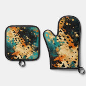 Gold Black Aqua Orange Leopard Abstrakt Ofenhandschuh & Topflappen-Set (Vorderseite)