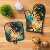 Gold Black Aqua Orange Leopard Abstrakt Ofenhandschuh & Topflappen-Set (Oben Unten)