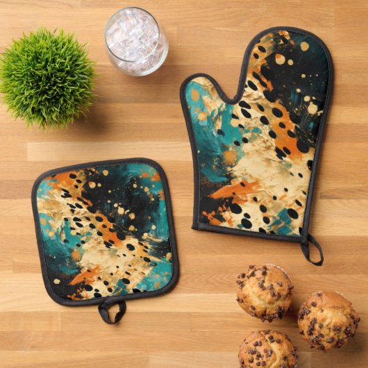 Gold Black Aqua Orange Leopard Abstrakt Ofenhandschuh & Topflappen-Set (Oben Unten)