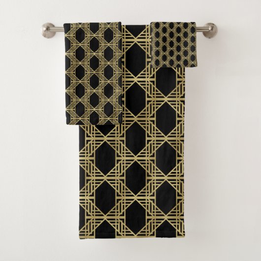 Gold Black Art Deco Diamond Chic Retro Muster Badhandtuch Set (Insitu)