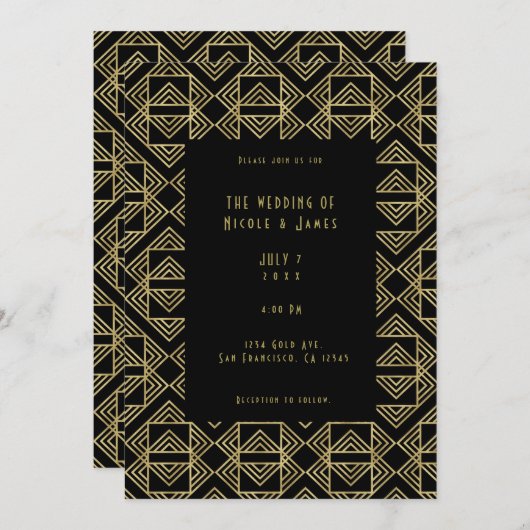 Gold & Black Art Deco Fett Retro Glam Wedding Einladung (Vorne/Hinten)