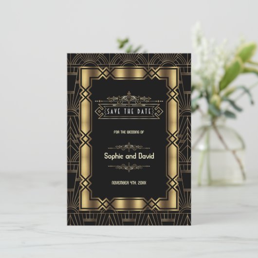 Gold Black Art Deco Gatsby 1920er Save the Date (Stehend Vorderseite)