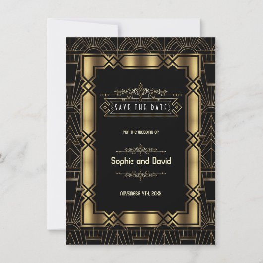 Gold Black Art Deco Gatsby 1920er Save the Date (Vorderseite)