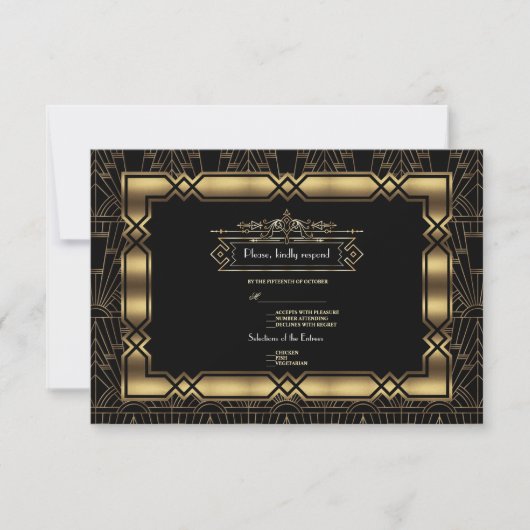 Gold Black Art Deco Gatsby 20s Style Wedding RSVP (Vorderseite)