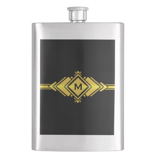 Gold & Black Art Deco Gürtel Monogram Flachmann (Vorderseite)