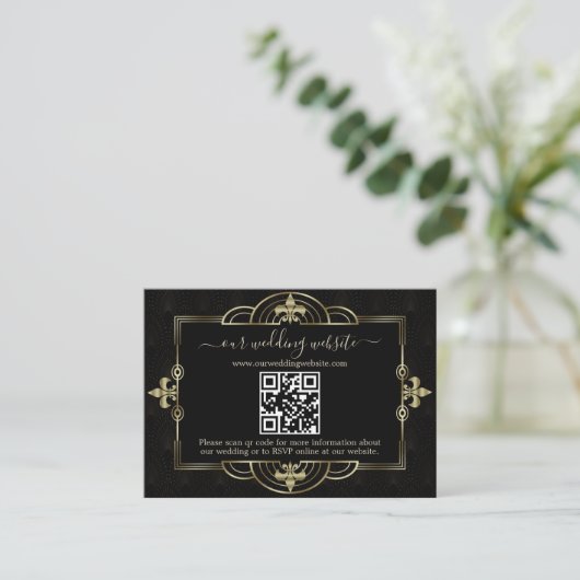 Gold Black Art Deco QR Code Hochzeit Begleitkarte (Stehend Vorderseite)