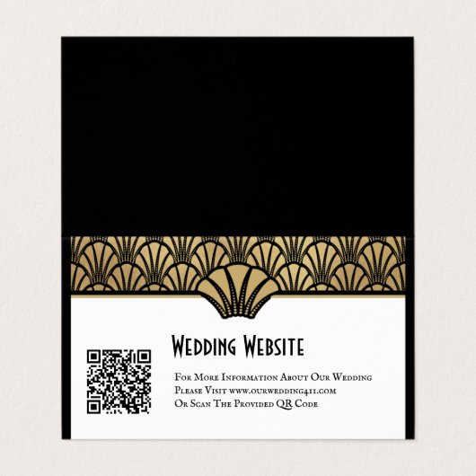 Gold Black Art Deco QR Code Website Hochzeit Visitenkarten (Außenseite Aufgefaltet)