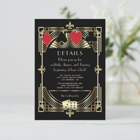 Gold Black Art Deco Roaring 20er Hochzeitsempfang Begleitkarte (Stehend Vorderseite)