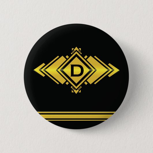 Gold & Black Art Deco Stil Monogramm Button (Vorderseite)