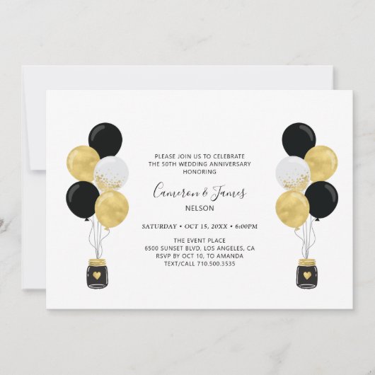 Gold & Black Balloons 50. Hochzeitstag Einladung (Vorderseite)