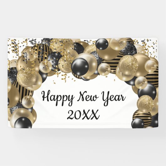 Gold Black Balloons Confetti Silvester Party Banner (Horizontal)