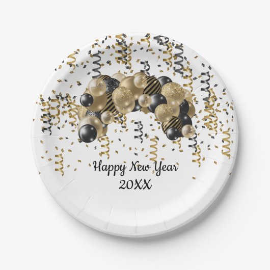 Gold Black Balloons Confetti Silvester Party Pappteller (Vorderseite)