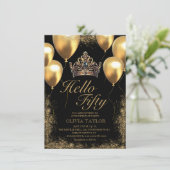 Gold Black Balloons Crown 50. Geburtstag Einladung (Stehend Vorderseite)