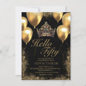 Gold Black Balloons Crown 50. Geburtstag Einladung (Vorderseite)