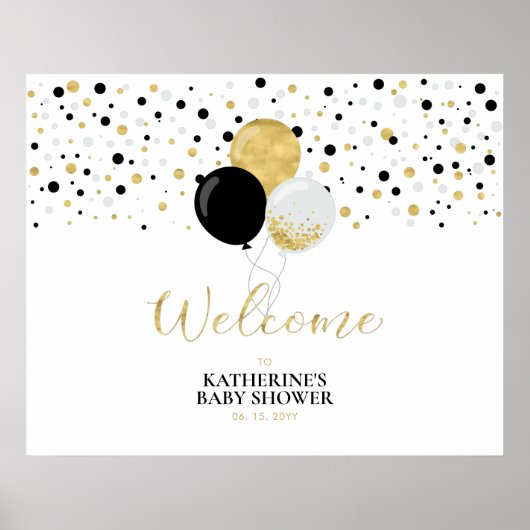 Gold & Black Balloons Moderne Babydusche Willkomme Poster (Vorne)