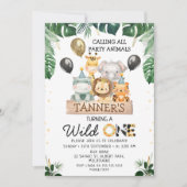 Gold Black Balloons Safari Wild One Birthday Einladung (Vorderseite)