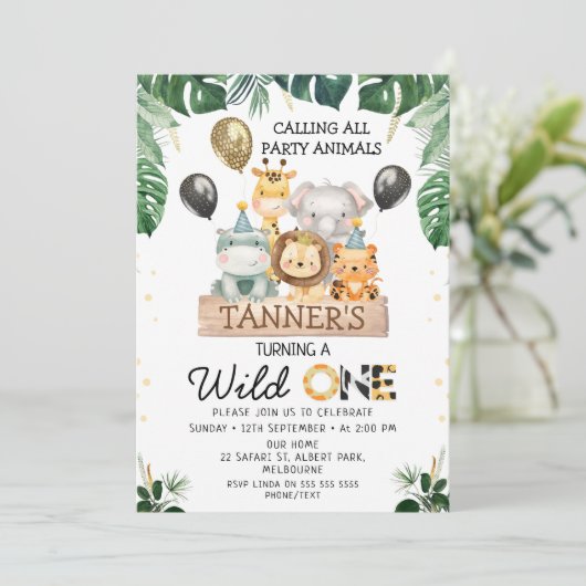 Gold Black Balloons Safari Wild One Birthday Einladung (Stehend Vorderseite)