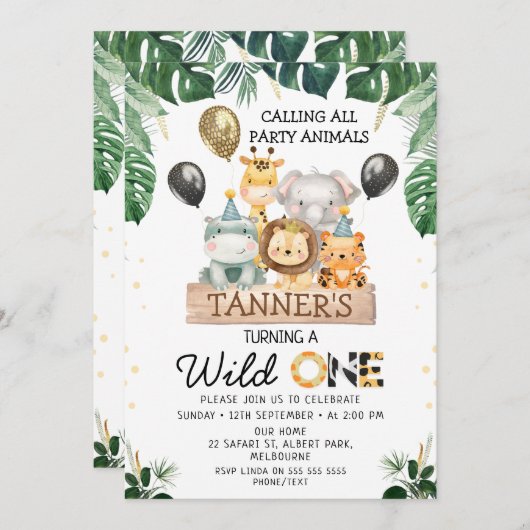 Gold Black Balloons Safari Wild One Birthday Einladung (Vorne/Hinten)