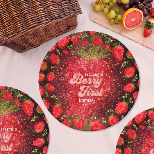 Gold Black Berry 1st Birthday Strawberry Glitzer Pappteller