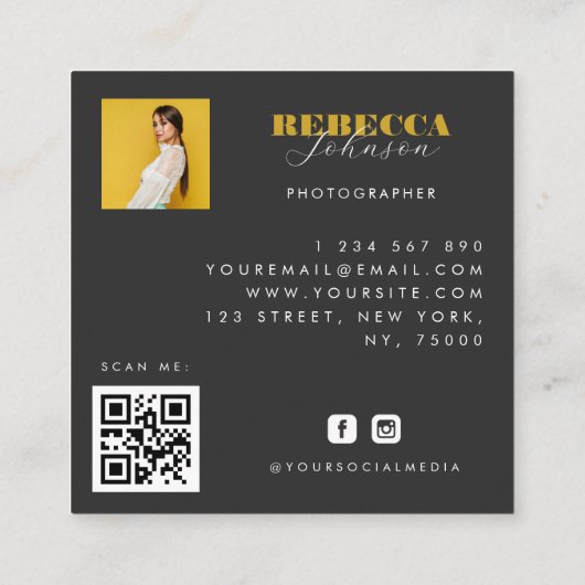 Gold Black Bold Script 2 Foto Minimaler QR Code Quadratische Visitenkarte (Rückseite)