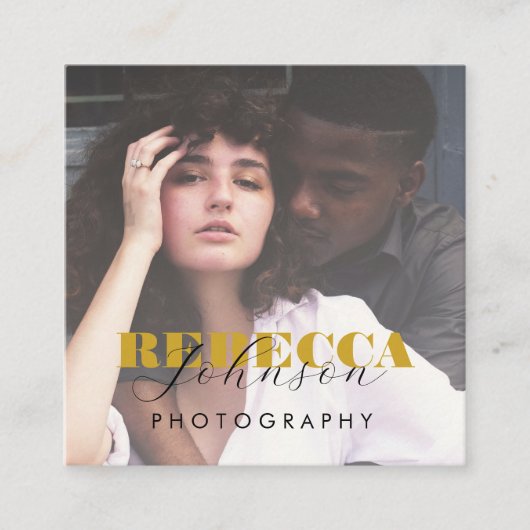 Gold Black Bold Script 2 Foto Minimaler QR Code Quadratische Visitenkarte (Vorderseite)